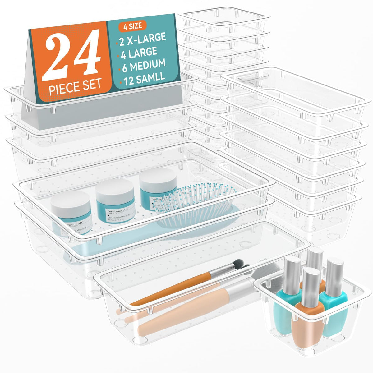 ElegantArray front packaging showing full 24-piece clear set and organized benefit