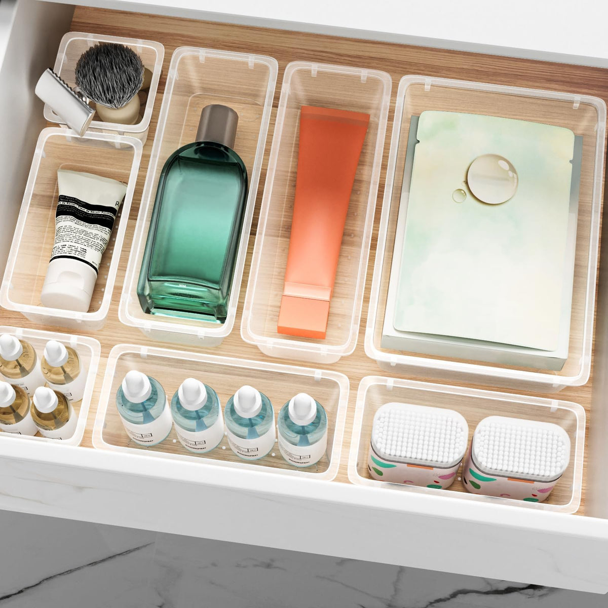 ElegantArray on bathroom vanity organizing cosmetics for faster morning routines benefit