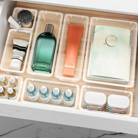ElegantArray on bathroom vanity organizing cosmetics for faster morning routines benefit