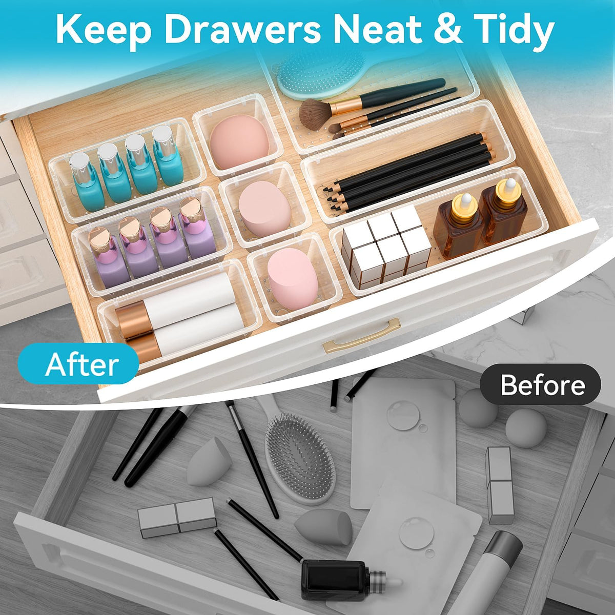 ElegantArray holding makeup brushes and palettes demonstrating neat display benefit