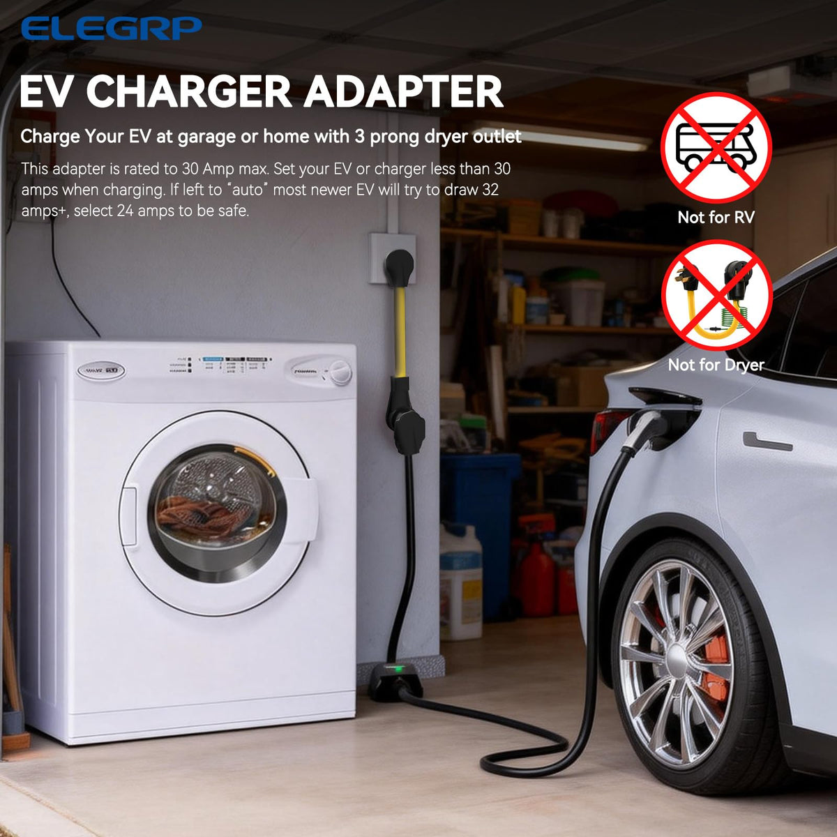 ELEGRP adapter plugged into dryer outlet showing quick Level 2 access