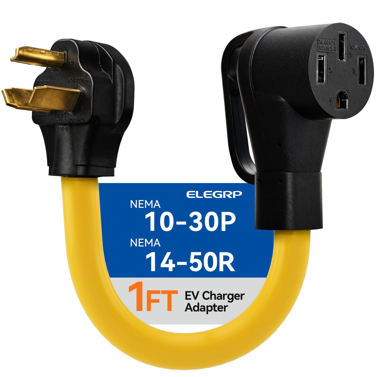 ELEGRP adapter front view showing plug faces and secure fit benefit