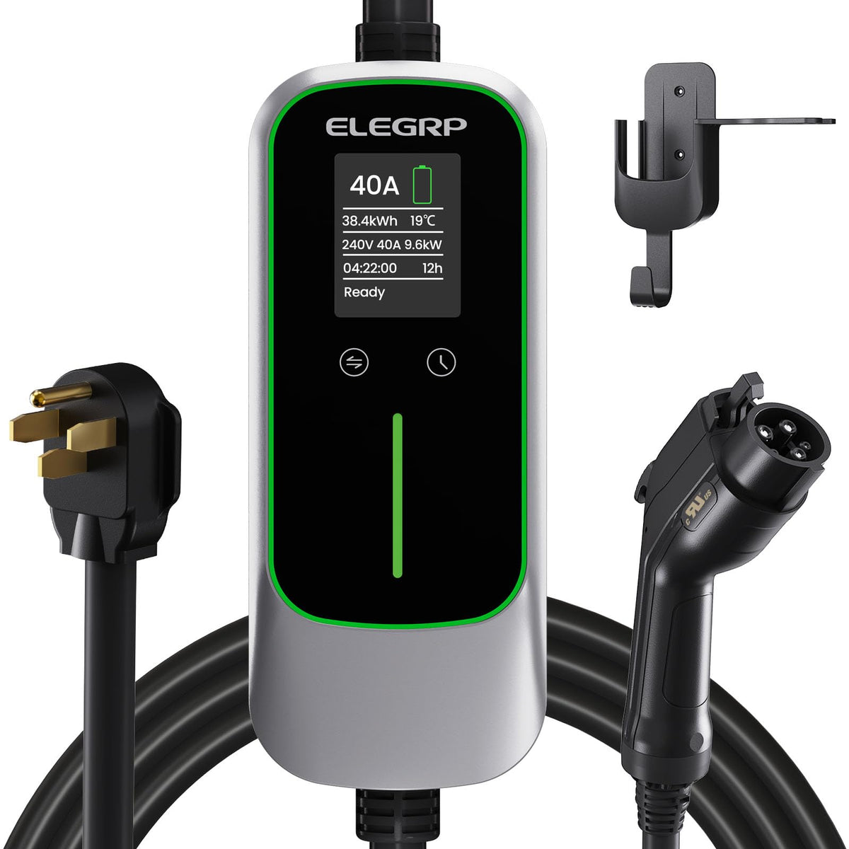 ELEGRP front view of portable 40A charger showing compact design and easy storage benefit