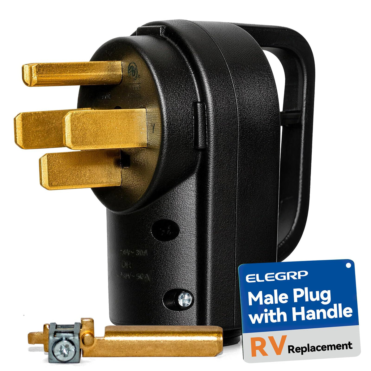 ELEGRP front view connector showing four-prong design and durable housing for reliable power