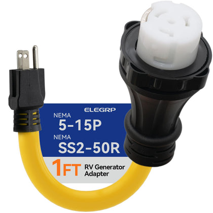 ELEGRP front view of 50A twist-lock to 15A adapter showing connections and compact design benefiting portability