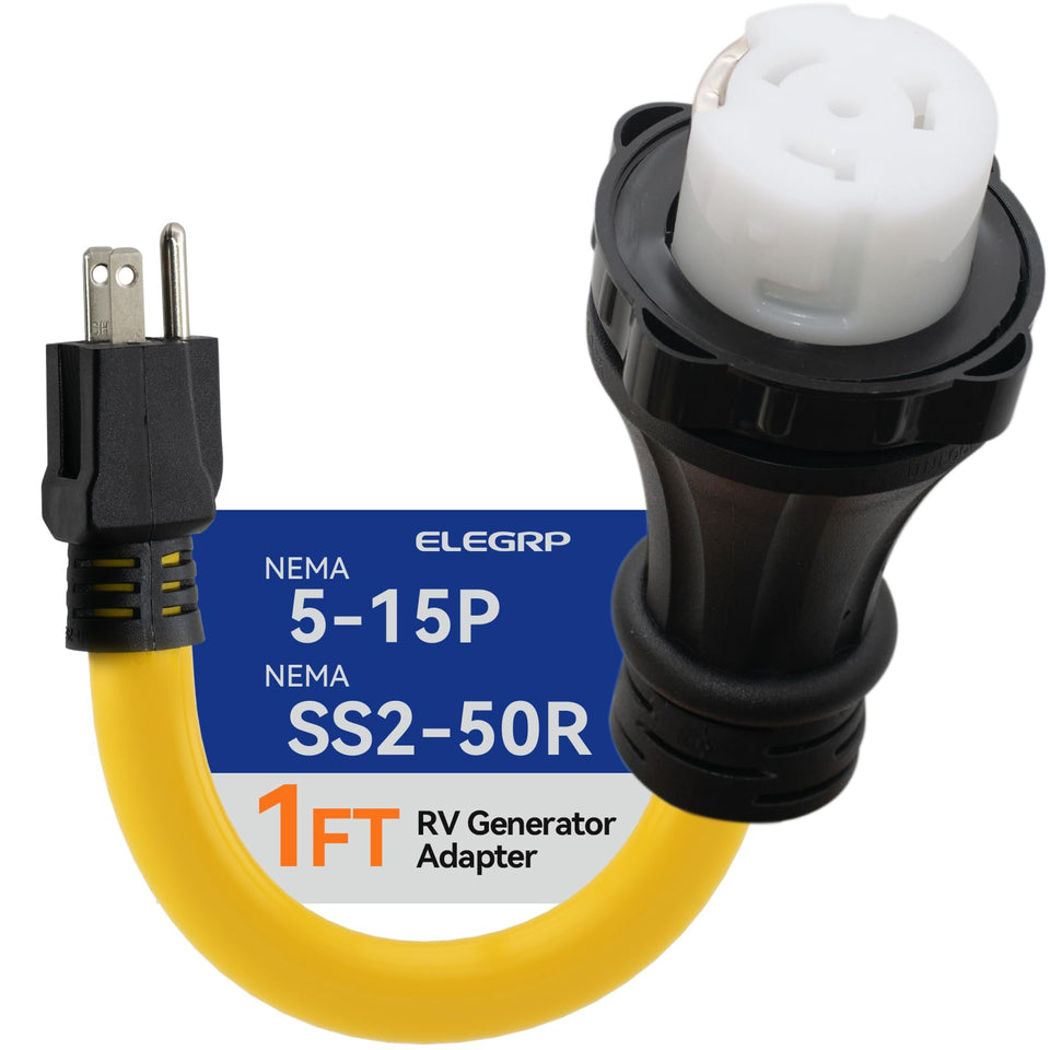 ELEGRP front view of 50A twist-lock to 15A adapter showing connections and compact design benefiting portability