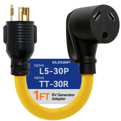 ELEGRP adapter front view showing plug and RV receptacle for reliable power