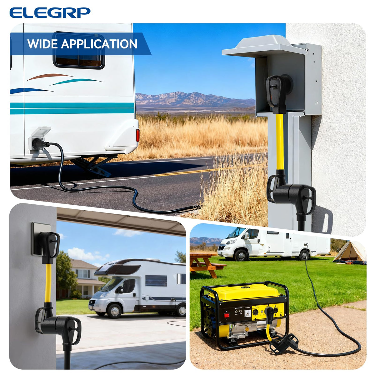 ELEGRP connected at campsite pedestal illustrating reliable outdoor power hookup