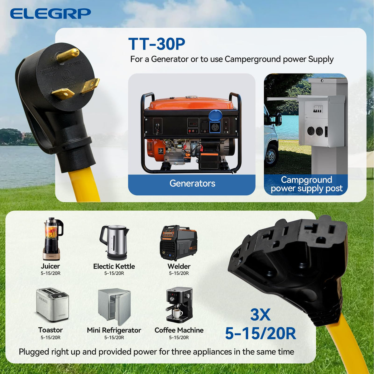 ELEGRP molded grip handles detail for safe plugging and easy unplugging at campsites