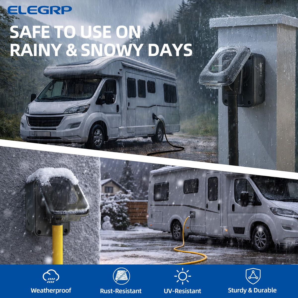 ELEGRP mounted on camper exterior demonstrating protected campsite power access