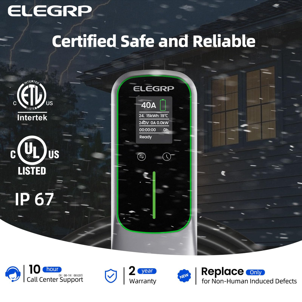 ELEGRP charger mounted on garage wall demonstrating tidy installation and space-saving benefit