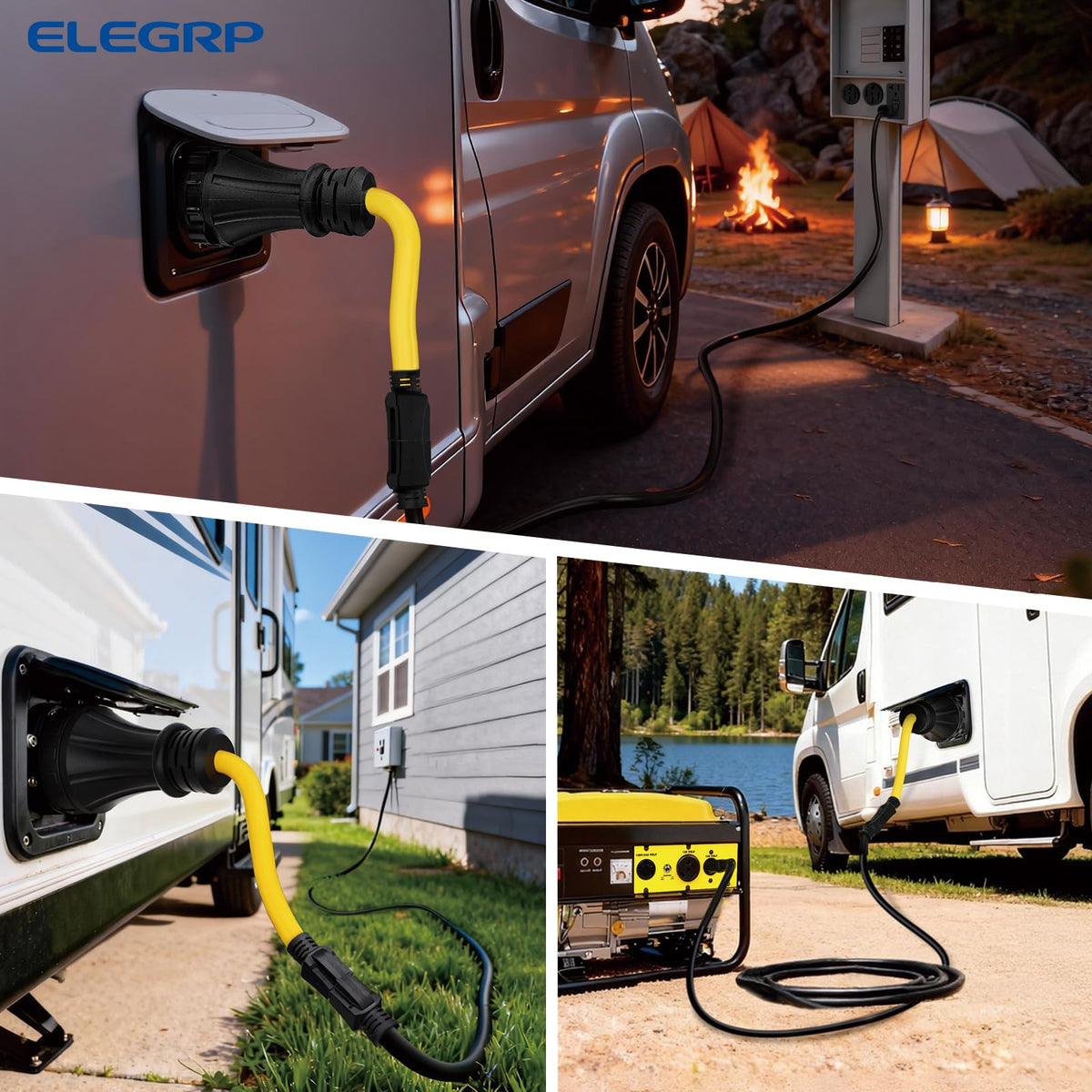 ELEGRP connected to RV inlet demonstrating safe temporary power for battery charging and lights