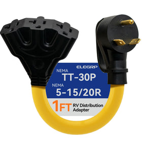 ELEGRP front view of TT-30P to three 110V outlets showing plug and receptacles benefit convenience