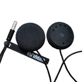 ELFINEAR front view of Acoustix Elite speakers showing sleek black design and fit benefit