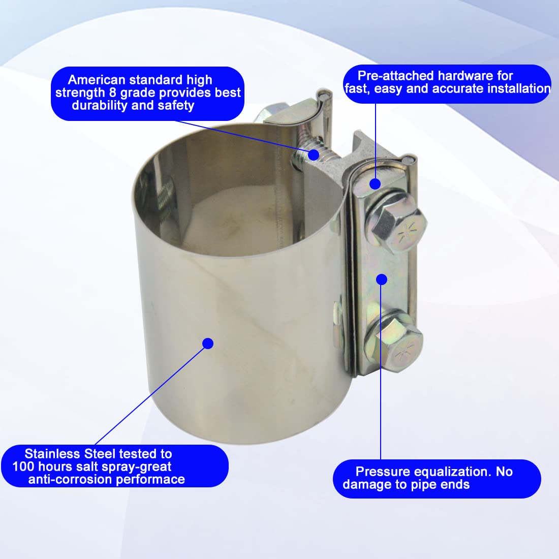 eLifecenter clamp installed on exhaust pipe showing secure, removable joint