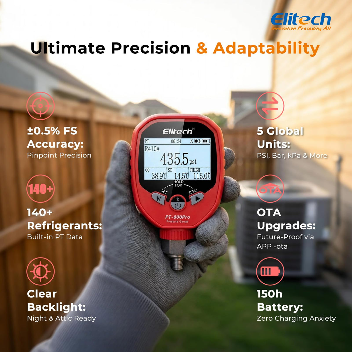 Elitech brass adapters and tee laid out for versatile port connections and leak testing convenience