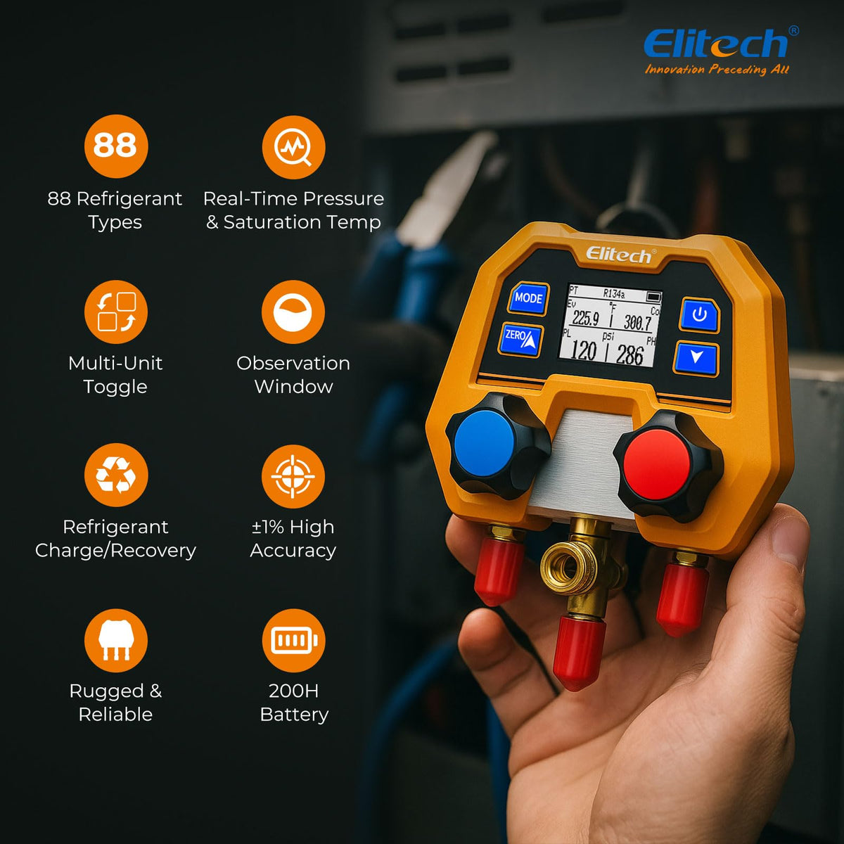 Elitech close-up of digital display providing clear pressure and temperature data