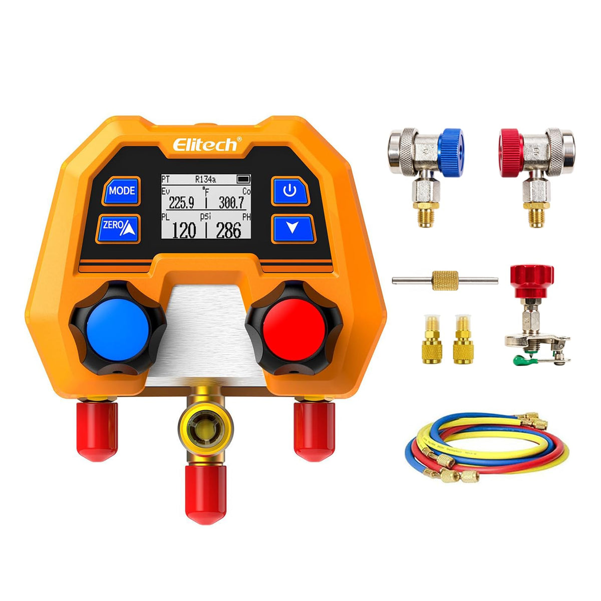 Elitech digital manifold front view showing ports and buttons for quick diagnostics