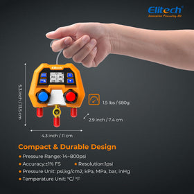 Elitech DMG-2SE next to common HVAC tools to show compact scale and portability