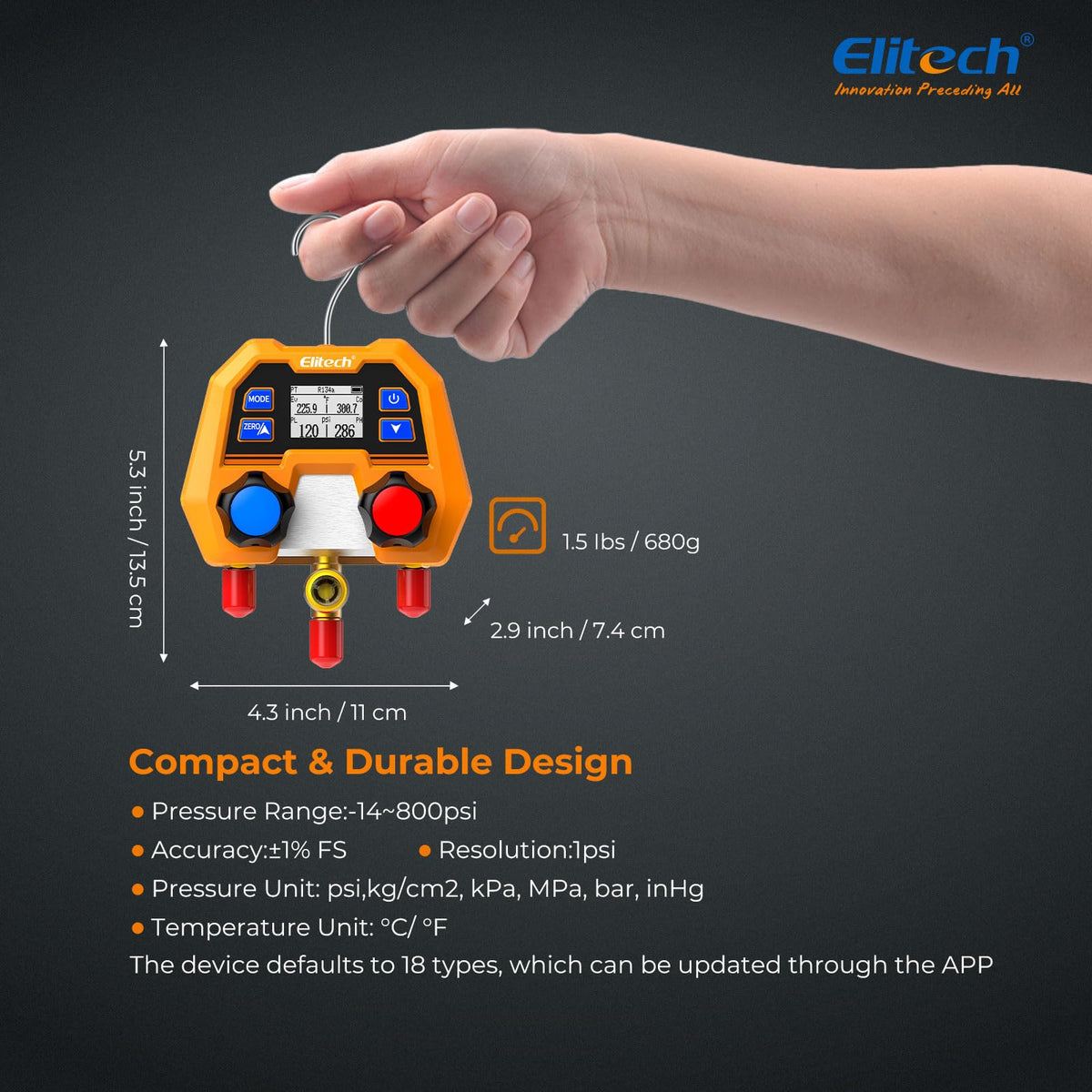 Elitech DMG-2SE beside a ruler to show pocket-sized scale and portability