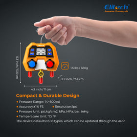 Elitech DMG-2SE beside a ruler to show pocket-sized scale and portability