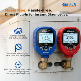 Elitech close-up of dual gauges displays pressure and temperature for instant on-screen diagnostics