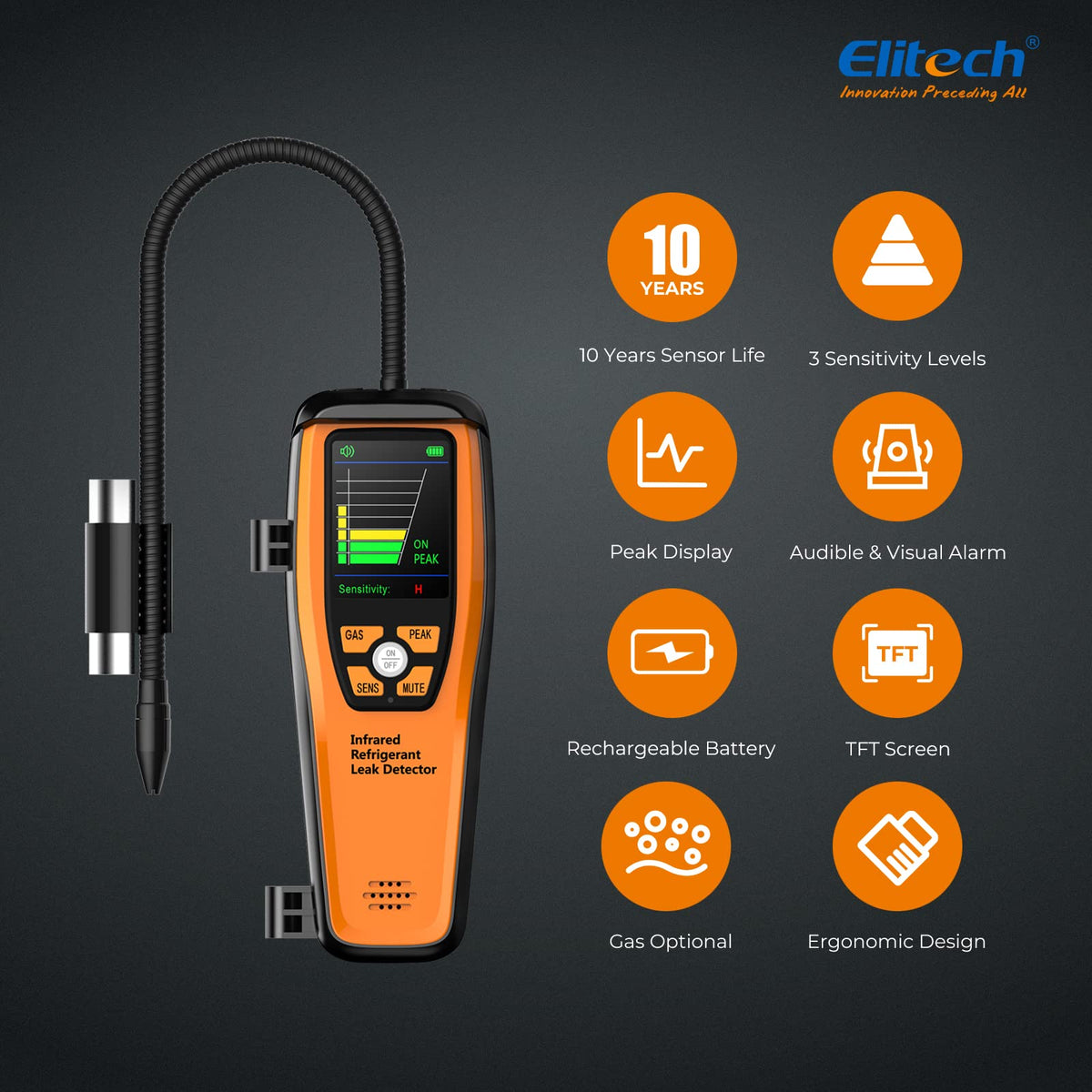 Elitech ILD-300 TFT screen close-up displaying clear sensitivity and alerts
