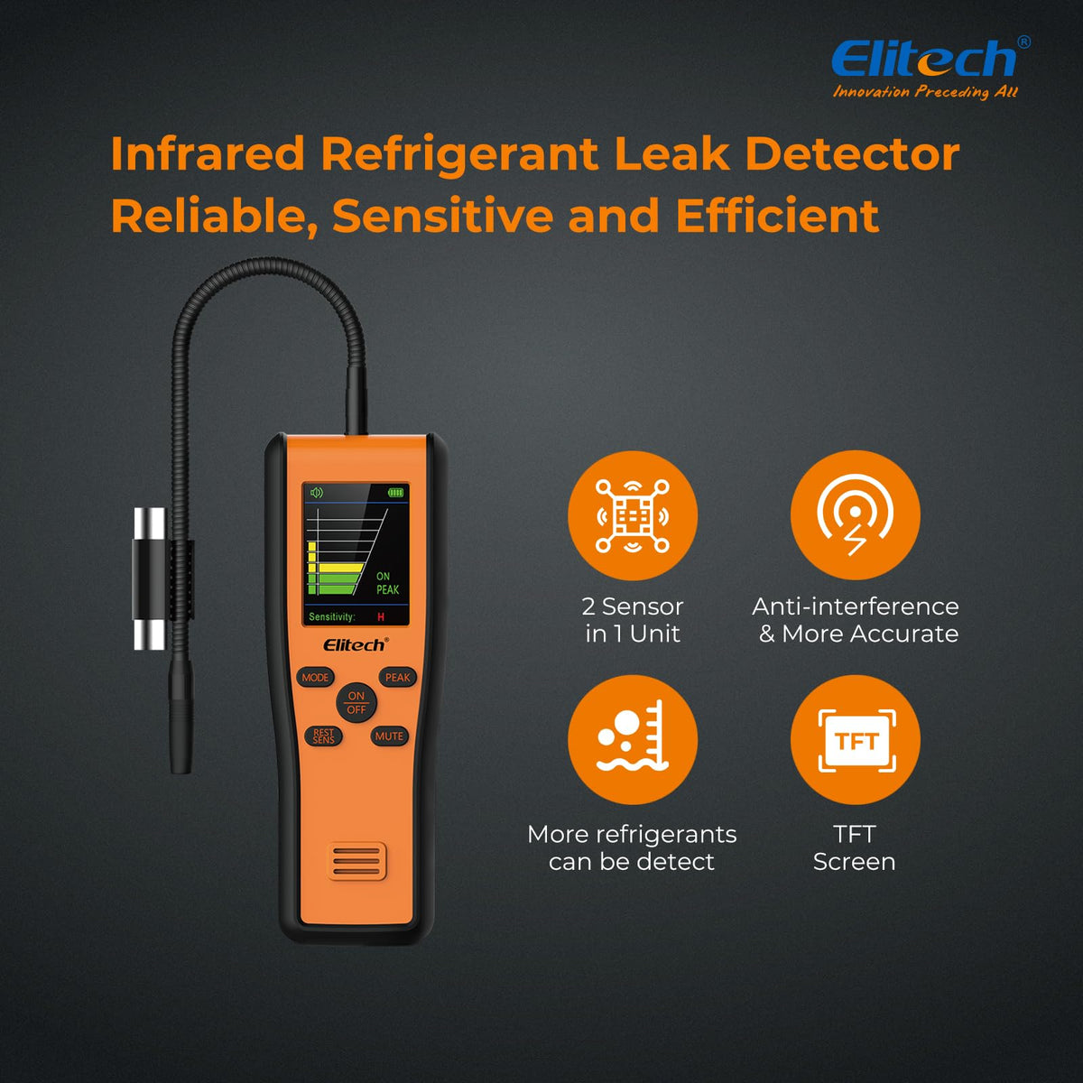 Elitech IR-200 sensor detail highlighting dual infrared and diode benefit