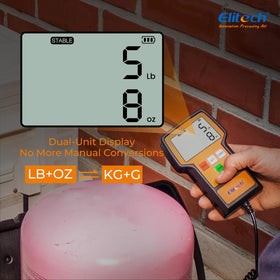 Elitech scale in use under a refrigerant tank showing accurate charging measurements