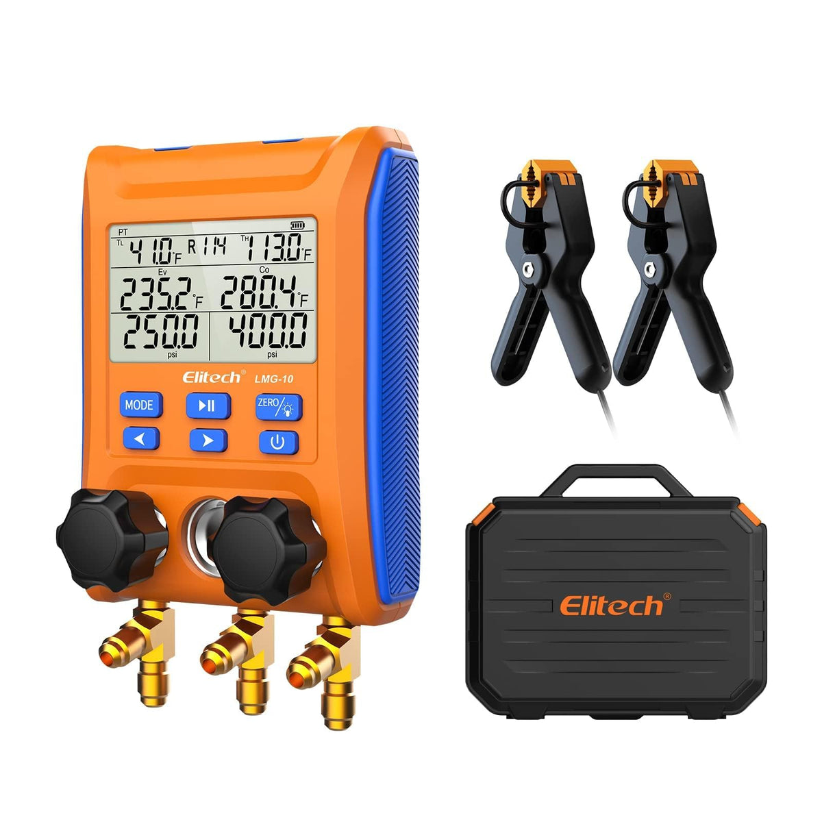 Elitech LMG-10 front display showing pressures and calculations for quick diagnosis