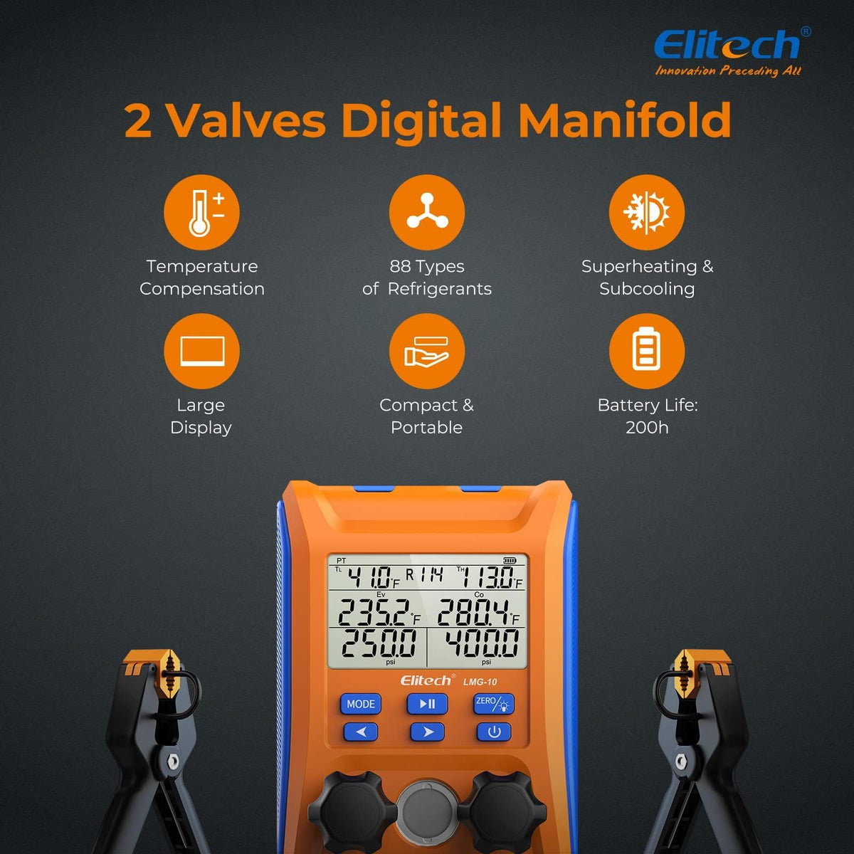 Elitech LMG-10 wired temperature clamps close-up for accurate pipe temperature readings