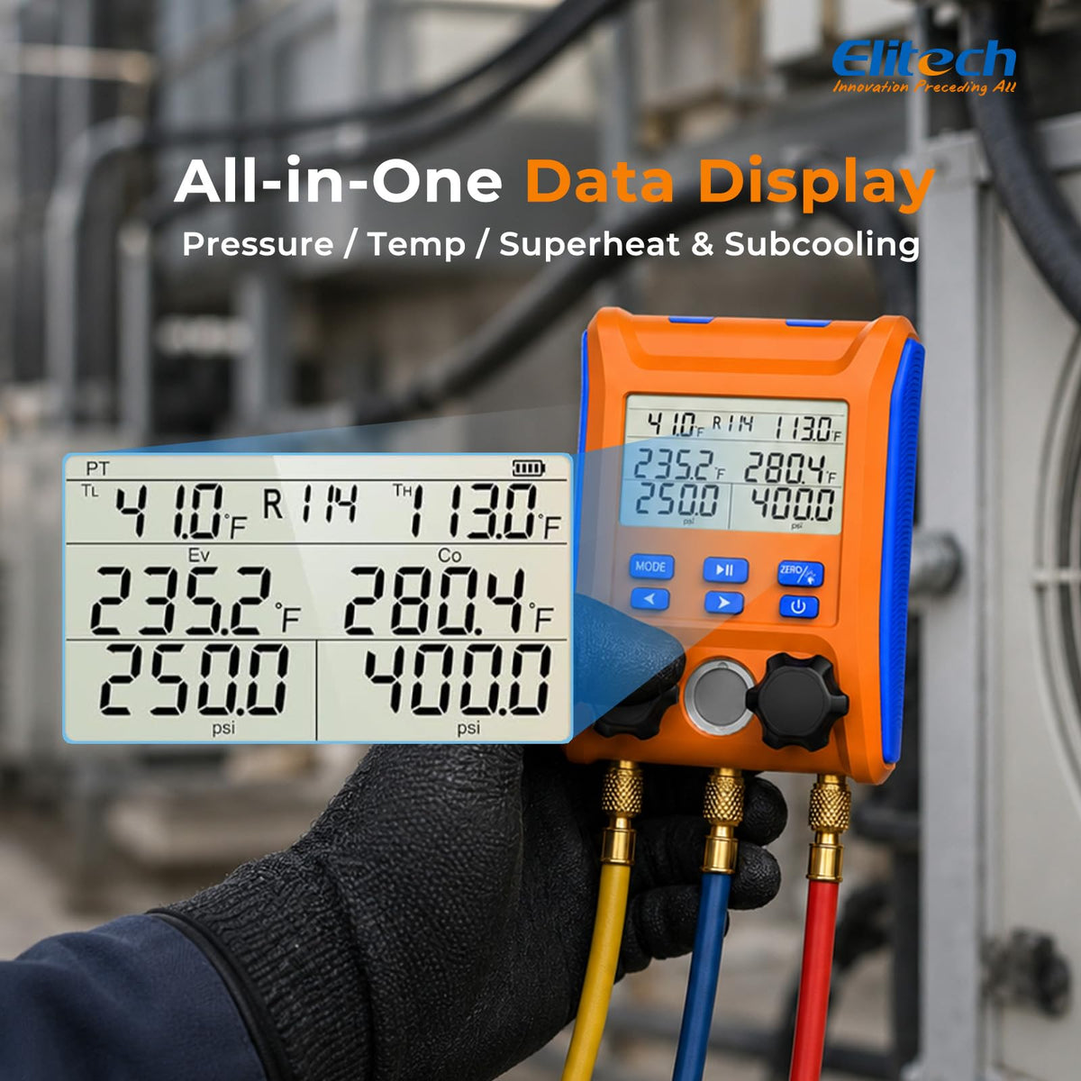 Elitech LMG-10W closeup of large display to read pressures and temperatures quickly