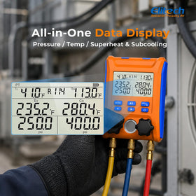 Elitech LMG-10W closeup of large display to read pressures and temperatures quickly
