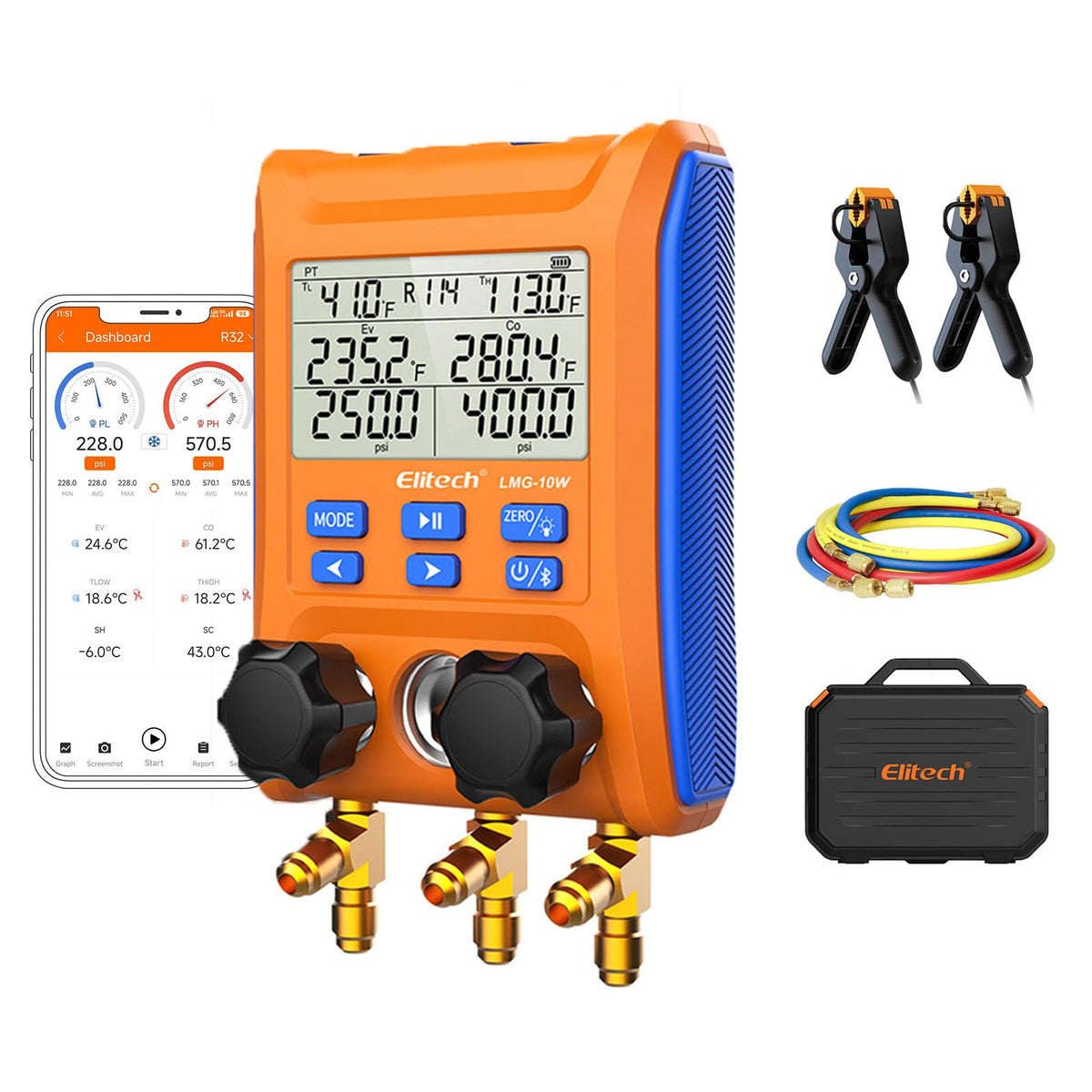 Elitech LMG-10W front view showing compact manifold and controls for easy handling