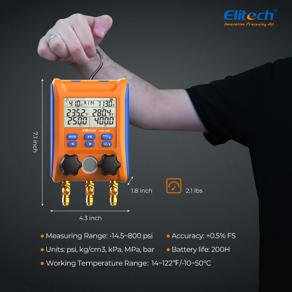 Elitech LMG-10W in use on an HVAC condensing unit illustrating field measurement benefits