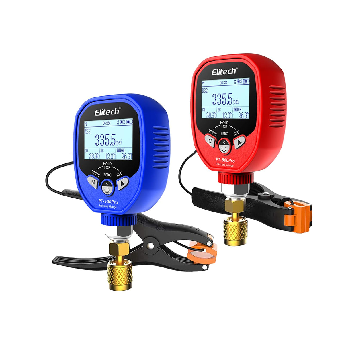 Elitech front view of PT-500 and PT-800Pro gauges showing controls and ports for quick identification and efficiency