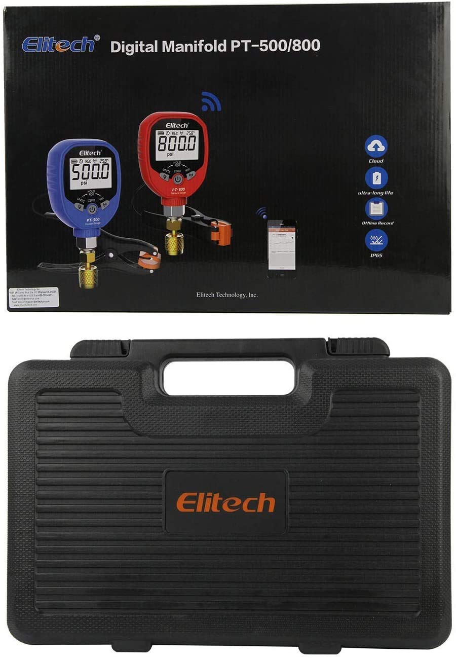 Elitech gauge set next to hand for scale to show compact, handheld portability and field readiness