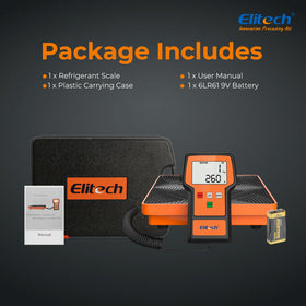 Elitech scale next to tape measure showing compact size and portability