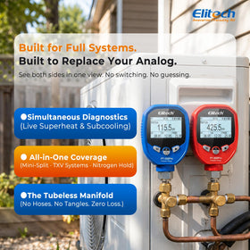 Elitech temperature clamp attached to refrigerant line providing accurate pipe temperature measurement