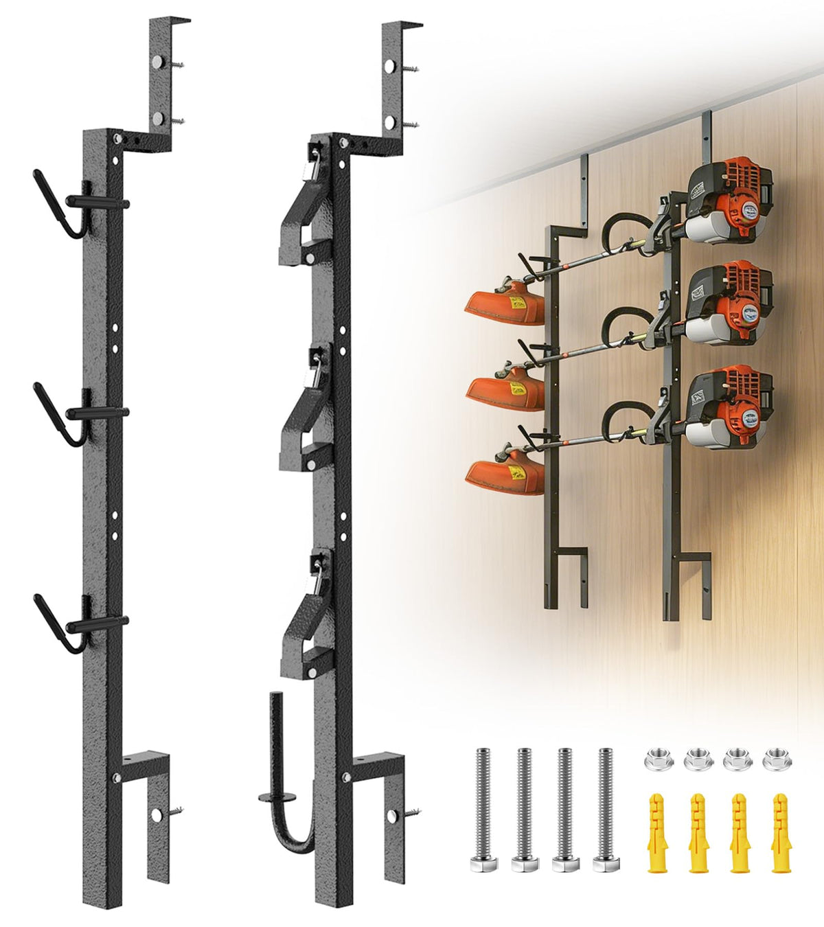 ELITEWILL front view of 3-place trimmer rack showing organized storage and quick access