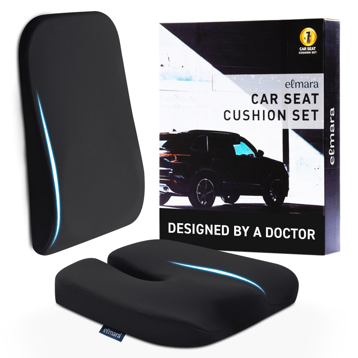 Elmara front packaging showing seat and lumbar set with clear benefits
