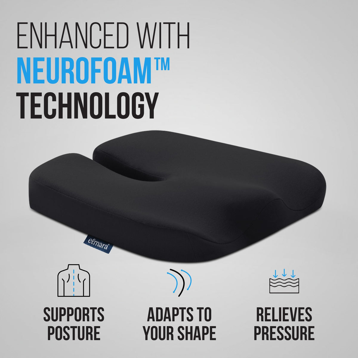 Elmara installed in car front seat showing stable fit and improved posture