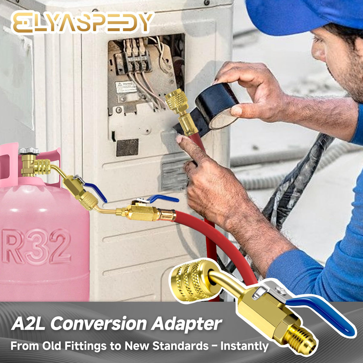 Elyaspedy adapter mounted on R32 cylinder enabling safe RH hose connection