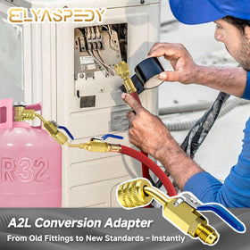 Elyaspedy adapter mounted on R32 cylinder enabling safe RH hose connection