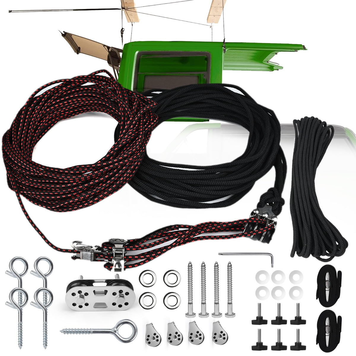 Elyaspedy front packaging showing complete hoist kit and included parts for easy setup