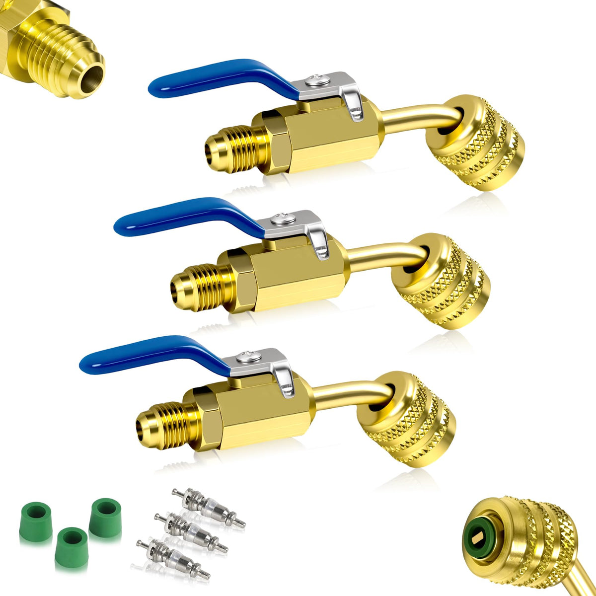 Elyaspedy front view of kit showing three ball valve adapters and packaging benefit quick setup