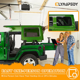 Elyaspedy hoist system installed on garage ceiling freeing floor space and organized storage