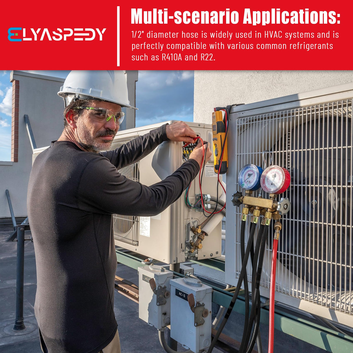 Elyaspedy technician using hose on A/C unit demonstrating professional reliability