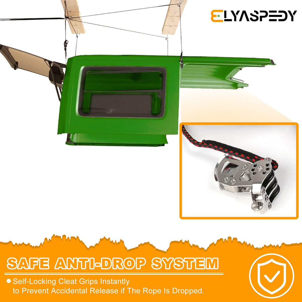 Elyaspedy pulley and anti-drop self-locking cleat closeup demonstrating smooth, safe lifting