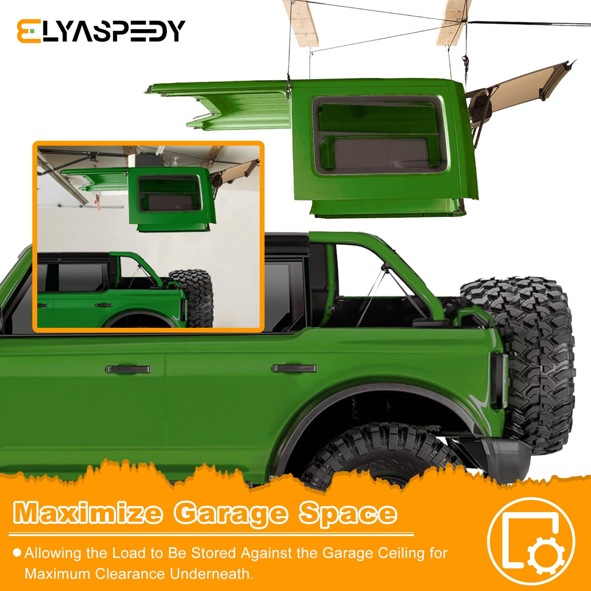 Elyaspedy hardtop hoist next to Jeep for scale showing compact overhead storage advantage